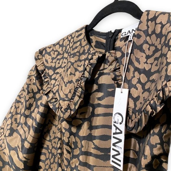 NWT Ganni Jacquard Puff Sleeve Leopard Animal Print Satin Mini Dress Size 2 - Picture 7 of 8